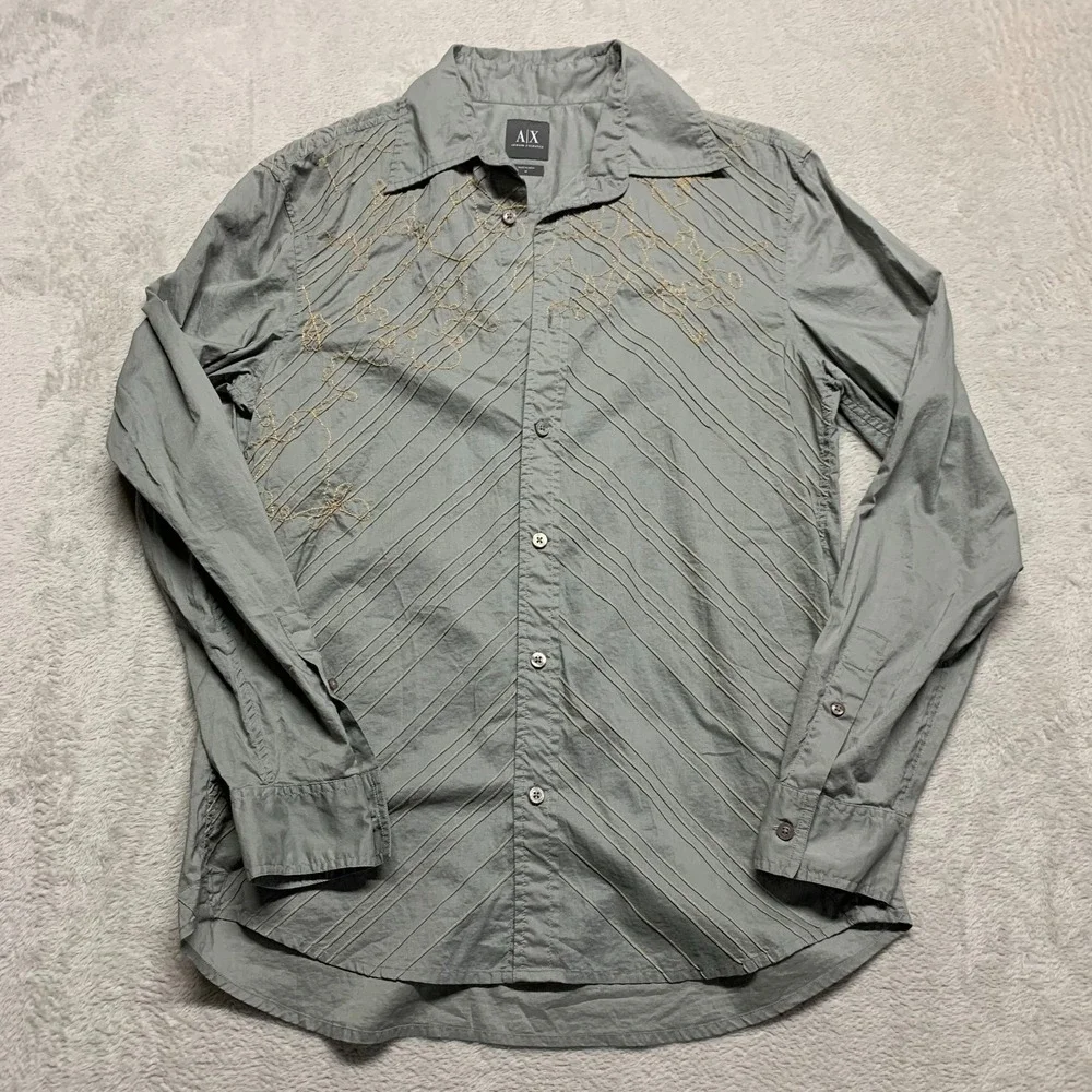 AX Armani Exchange Mens M Button Down‎ Shirt Gray Embroidered AOP Needs Button - Picture 2 of 11